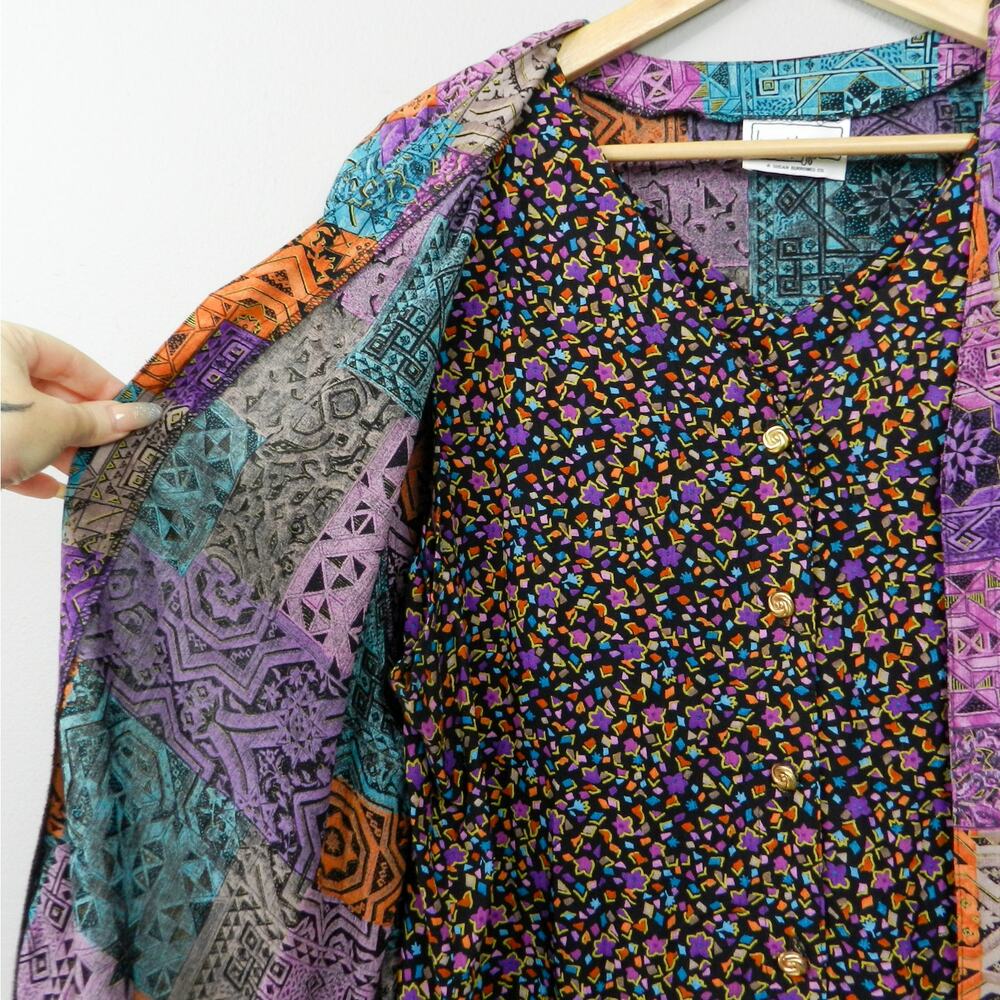 Vintage Laura Kieffer Twofer Jacket Top Sz XL Purple Teal Black Print 80s 90s - Picture 3 of 12